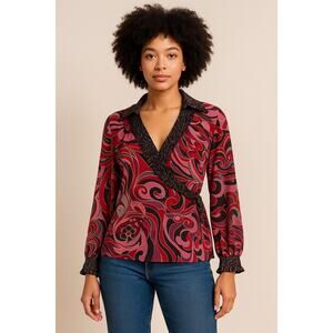Bisou Bisou by Michele Bohbot XL Blouse Retro Swirl Print, Long Sleeve V-Neck